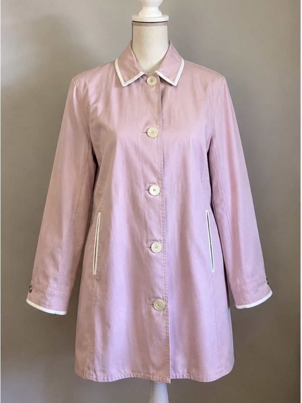 Vintage Coach Women’s Pink Cotton Trench Coat Leather Trim Size 12 Logo Lined